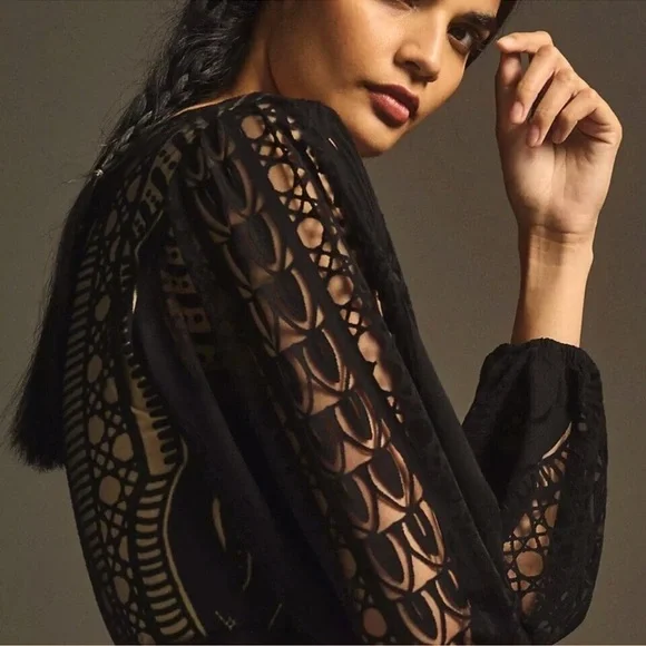 Farm Rio Anthropologie Medium Devore Fringed Maxi Dress Crochet Lace Black - Picture 4 of 15